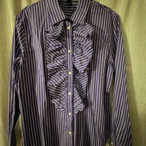 Lauren Ralph Lauren Purple and White Striped Ruffle-Front Dress Shirt